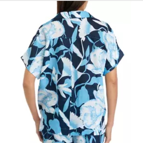 Eli Tahari blue Tropical Printed Split Neck Collared Linen Blouse - Picture 2 of 8